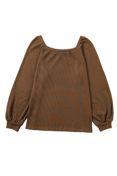 Scoop Neck Puff Sleeve Waffle Knit Top